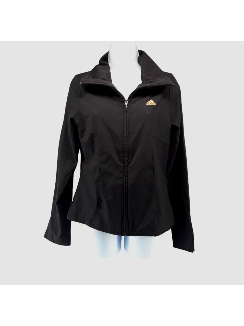 Adidas Black Windbreaker Jacket Small Gold Logo Full Zip Lightweight Track Coat